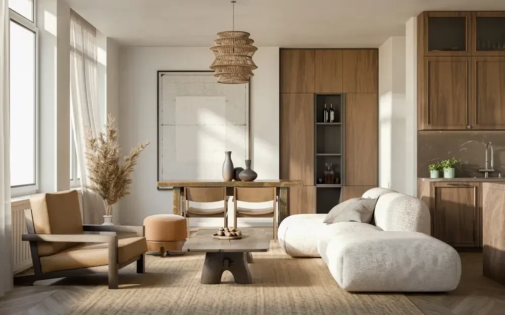 Intérieur du studio avec coin cuisine, murs blancs, parquet et mobilier en bois moderne.