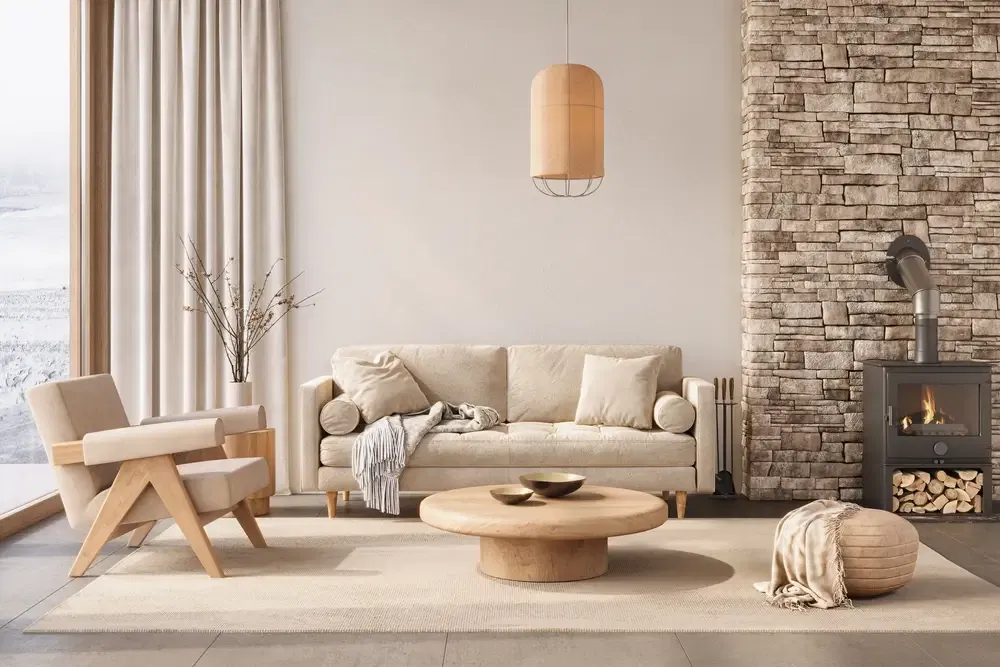 Salon chaleureux et minimaliste avec bois, tons neutres et cheminé.